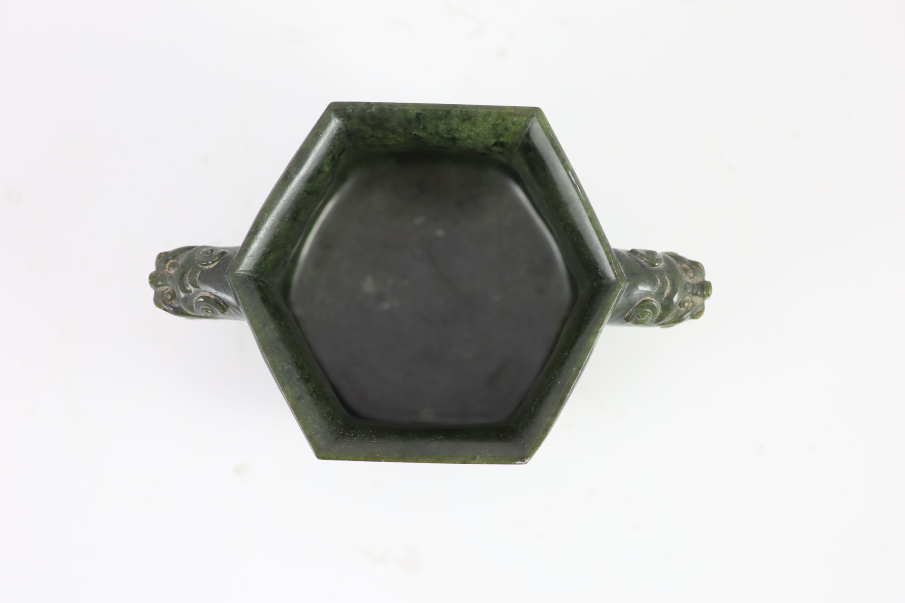 A Chinese archaistic spinach green jade hexagonal censer, 19th century, 17.5cm wide